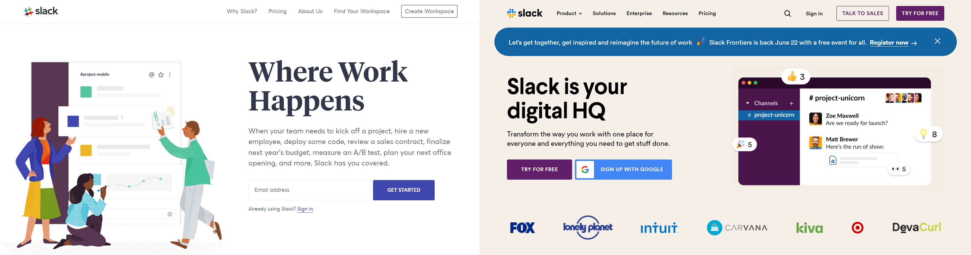 Slack website before and after redesign